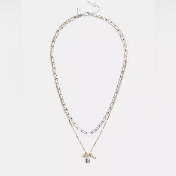 Coach Lock & Key layered charm necklace. Plated brass, cubic zirconia. - Picture 3 of 3